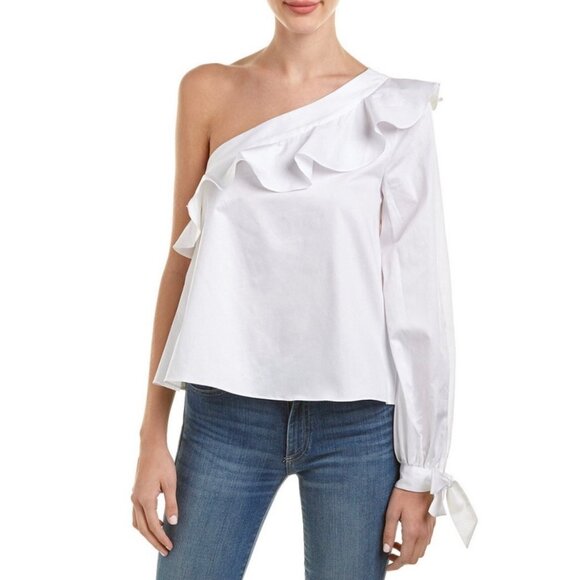 NICHOLAS One Shoulder One Sleeve Ruffle Cotton Top Blouse White Size 0 NWT - Picture 1 of 8
